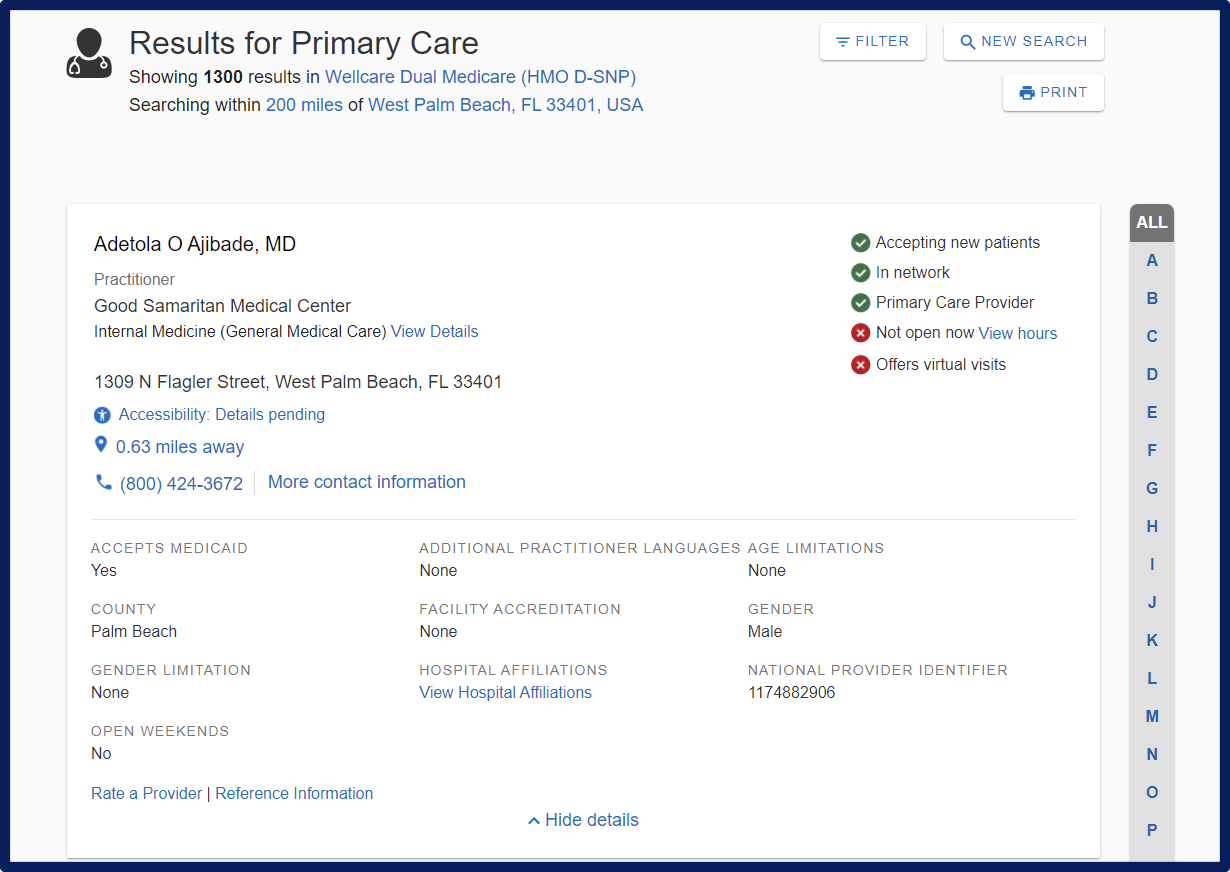 Legacy Find a Provider results page